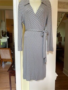 Boden brown cream & teal circle design wrap dress with collar at neckline Sz 16R